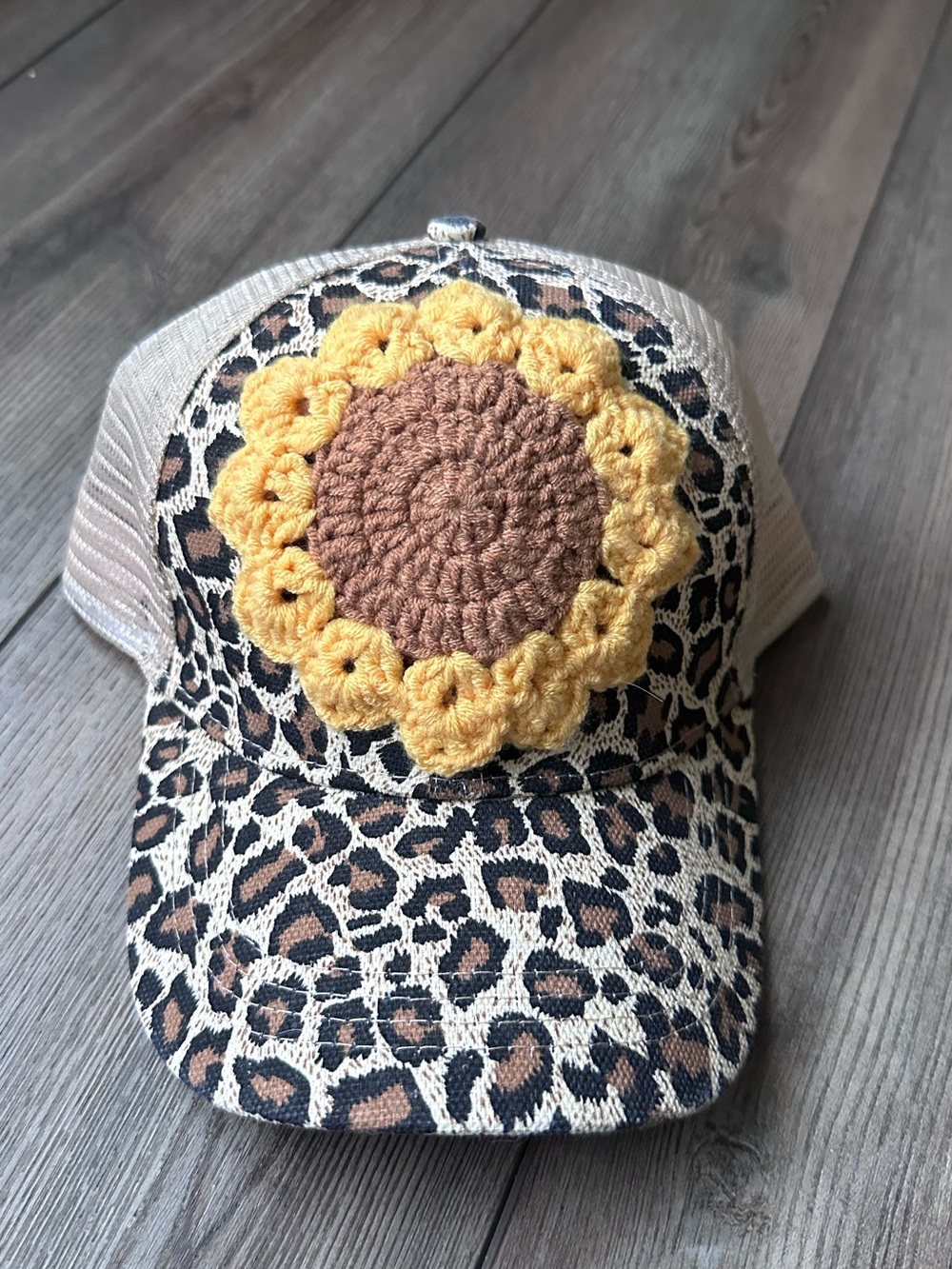 Crochet Sunflower Leopard Baseball Hat; Handmade Flower Animal Print Hat